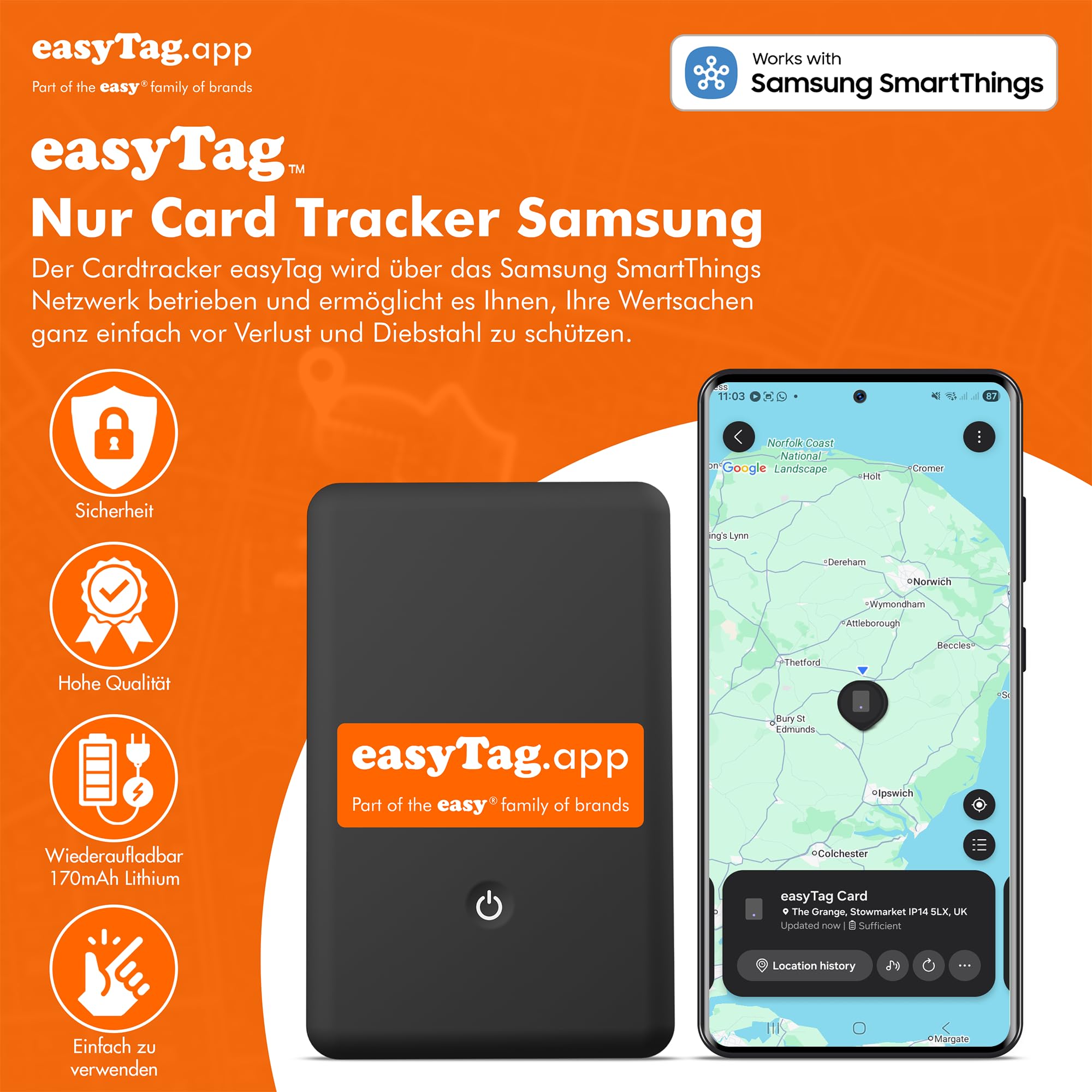 easyTag Tracking Card (Nur Samsung) - Schlanker und globaler Wallet Tracker für Geldbörsen, Taschen, Koffer und Gepäck. Wiederaufladbare Tracking Card kompatibel mit der Samsung SmartThings App. 3