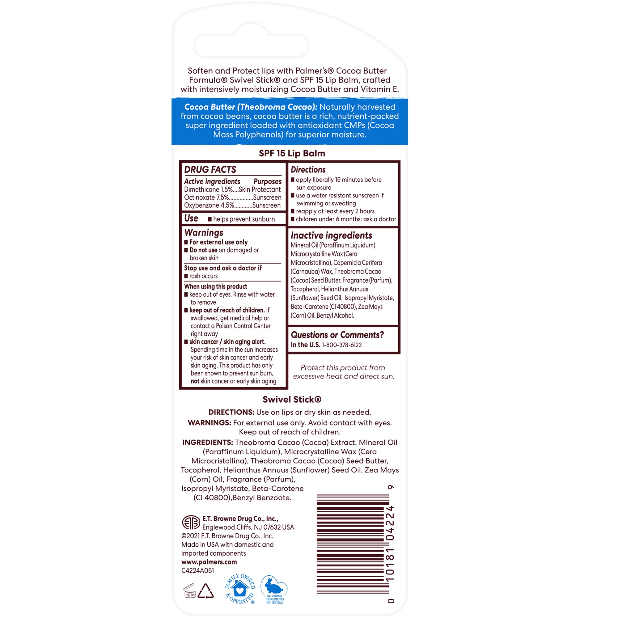 Palmer's Cocoa Butter Formula Duo Pack, Moisturizing Swivel Stick and Lip Balm with Vitamin E, All Day Moisturization, For use on Lips, Dry Patches, Marks & Scars (Pack of 2)