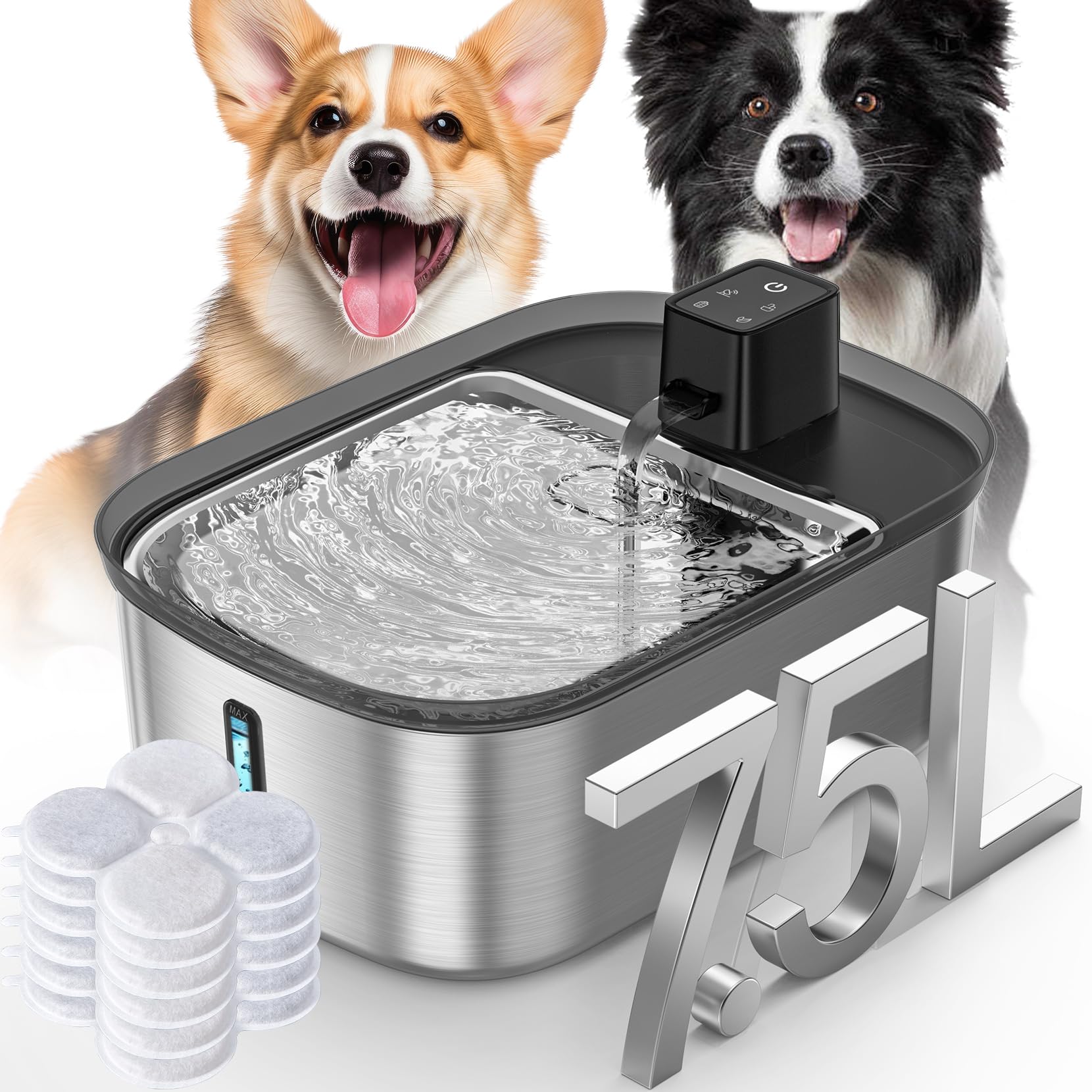 Photo 1 of Wireless 7.5l/254oz/2Gal Dog Water Fountain for Large Dogs Stainless Steel, Quiet Pet & Cat Water Fountain with Motion Sensor, Automatic Water Dispenser for Dogs&Multi-Pet Homes with 6psc Filter