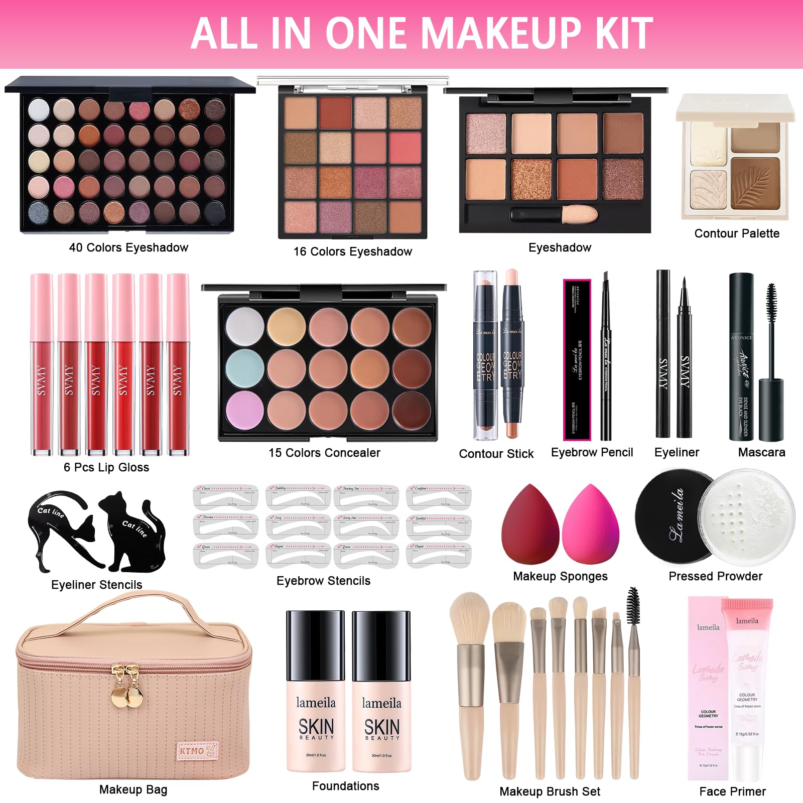 All in One Makeup Kit for Women Full Kit, Makeup Gift Sets for Women Teens Girls, Makeup Essential Bundle Includes Eyeshadow Palette Foundation Eyeliner Contour Stick Lip Gloss Cosmetic Brush Set