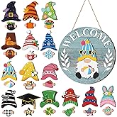 Qunclay Interchangeable Wooden Gnome Decor Holiday Seasonal Gnome Decorations with Magnet Pieces and Detachable Hats Changeable Welcome Sign for Home(Blue Style)