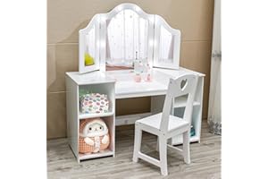MILLELOOM Kids Vanity Table, Girls Vanity Withtouch Light Detachable Tri-Folding Mirror, Open Storage Shelves, Wood Makeup Playset with Chair, Princess Vanity Table for Toddlers