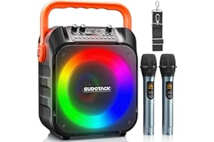SUDOTACK Karaoke Machine with 2 Wireless Microphones, Bluetooth Party Karaoke Speaker for Adults and Kids with Party Lights Supports TF/USB, AUX in, FM, REC, TWS for Karaoke, Party, Birthday(SP-70B)