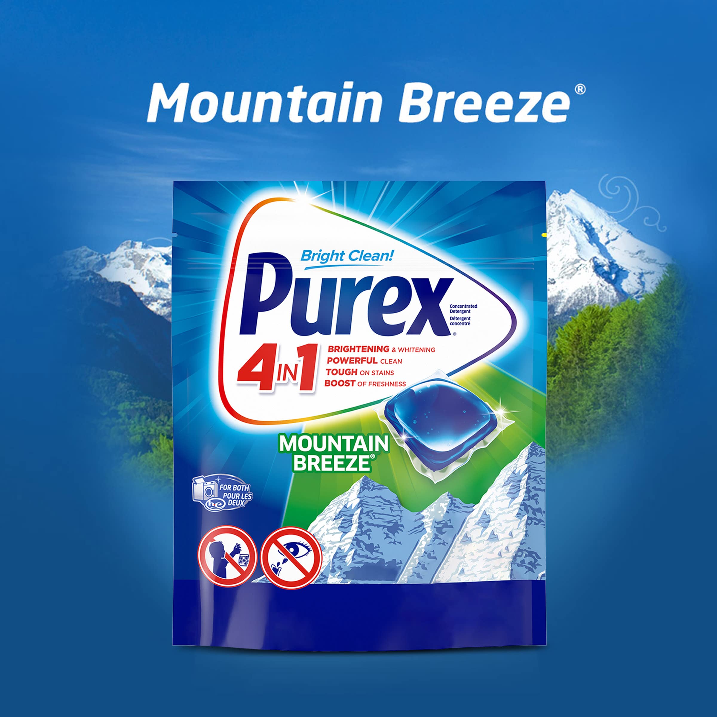 Purex 4-in-1 Laundry Detergent Pacs, Mountain Breeze, 58Count, Pack of 2, Total Loads, 116, 116Count