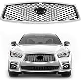KUAFU Front Grill Compatible with 2014-2017 Infiniti Q50 All Model | Bumper Upper Hood Grille W/Camera Hole Painted+Chrome Black &amp; Silvery Replacement for IN1200118