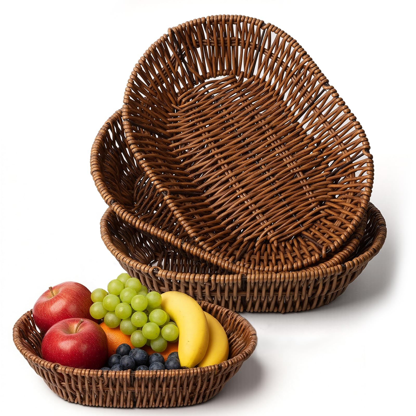 Photo 1 of 3 Pack Wicker Baskets, 11 Inch Woven Bread Baskets Sets, Handwoven Food Serving Basket, Wicker Bread Basket, Woven Tabletop Fruit & Vegetable Storage Bins for Home, Restaurant, Bakery