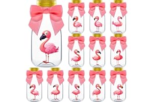 Ethisa Small 12 Pack Flamingo Party Favors - DIY Candy Jars with Ribbons and Stickers - Party Decoration Bottles for Birthday, Baby Shower and Bachelorette - Pink Table Centerpiece for Kids and Adults