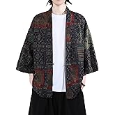 PRIJOUHE Men's Cotton Linen Kimono Jacket Lightweight Open Front Kimono Cardigan Japanese 3/4 Sleeve Yukata Coat
