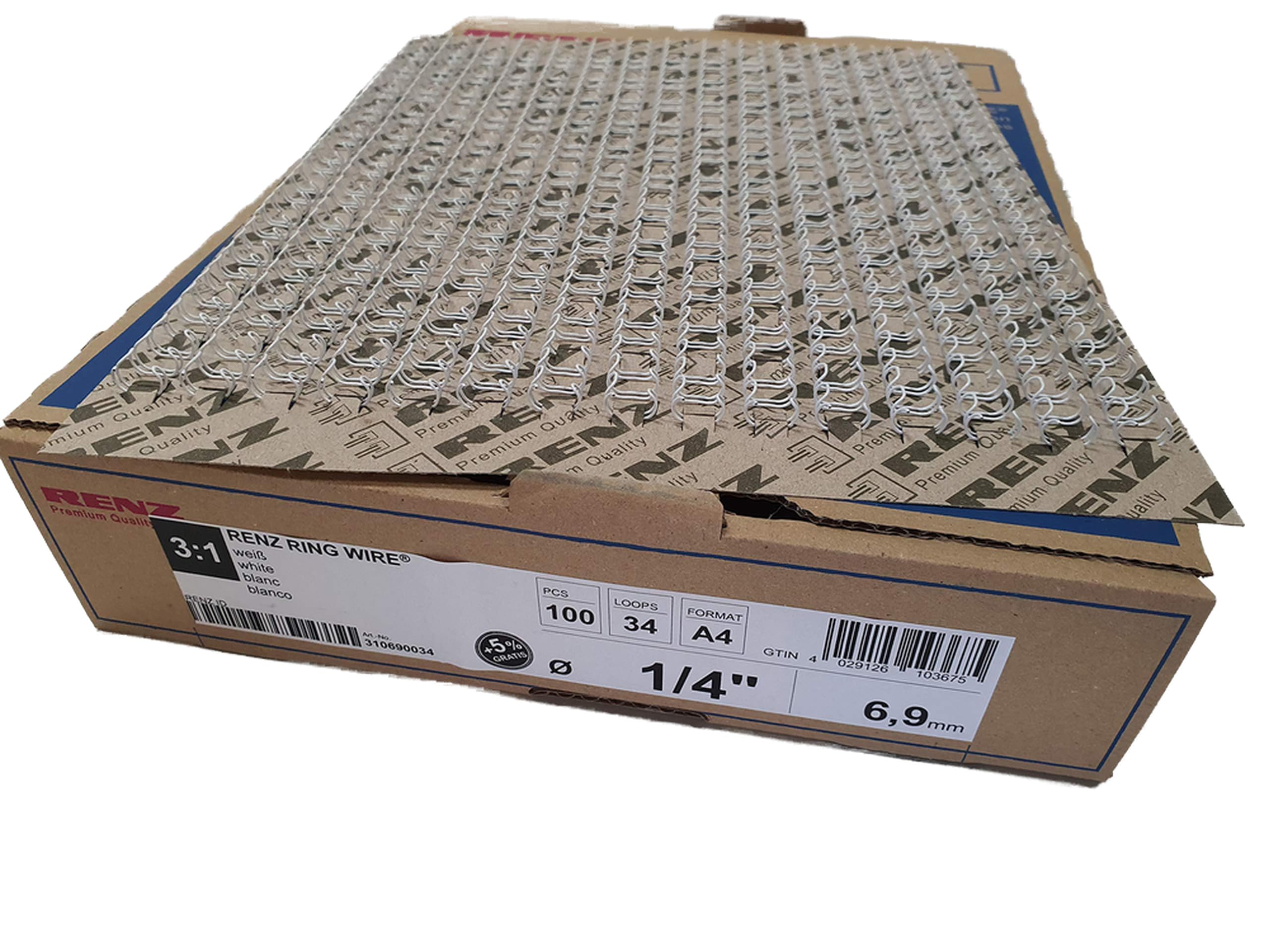 Renz 310690034 6.9 mm Ring Wire Cut Element - White. 3:1 Pitch. A4. 100 Wires per Box.