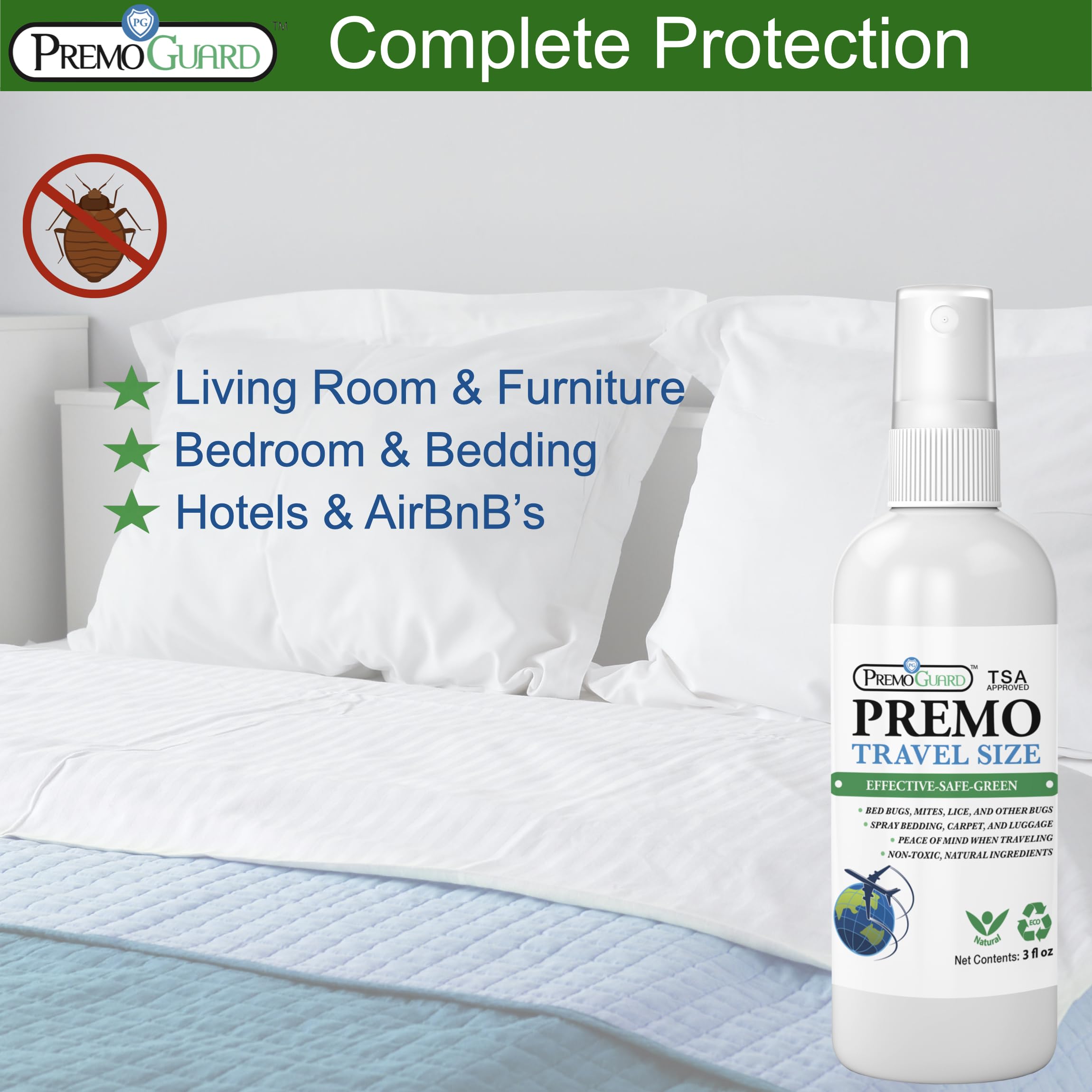 Travel Bed Bug & Mite Killer Spray by Premo Guard 3 oz – Child & Pet Safe – Fast Acting – Stain & Odor Free – Best Protection – Carryon Bag Approved
