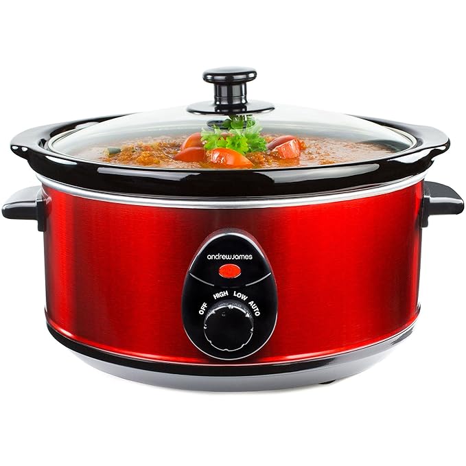 Andrew James Cocina Lenta de 3.5 litros | Tapa de Vidrio Templado y Cuenco de cerámica removible | Ideal para Hacer hasta 20 porciones de Recetas de cocción Lenta | 320W | Rojo