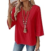 LOMON Womens 3/4 Sleeve Tops Cotton Linen Shirts V Neck Lace Casual Loose Fit Blouses Boho Fashion