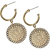 Boho Gold Hoop Drop Earrings with Lightweight Filigree Medallion Charm – 1.75 Inch Vintage-Inspired Dangle Earrings – Festival, Everyday, or Gift Jewelry for Women