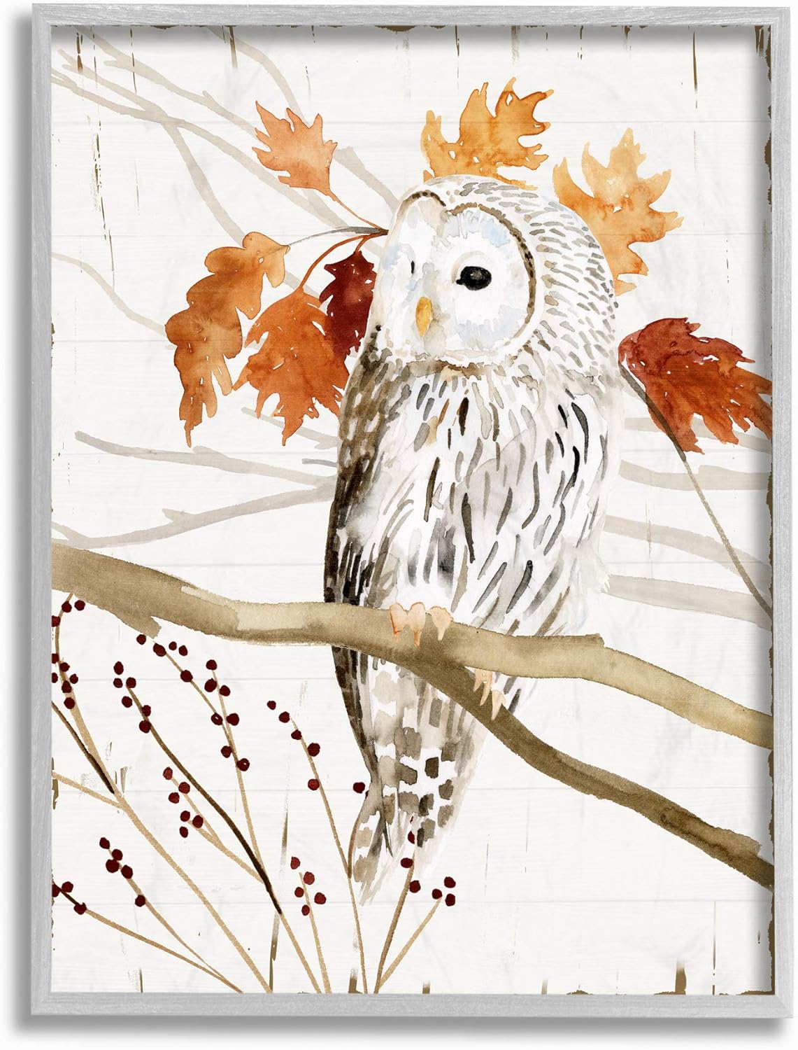 Paintings - Stupell Industries Owl in Fall Forest Animal Watercolor Painting Grey Framed Wall Art, 11 x 14, Design by Artist Victoria Borges