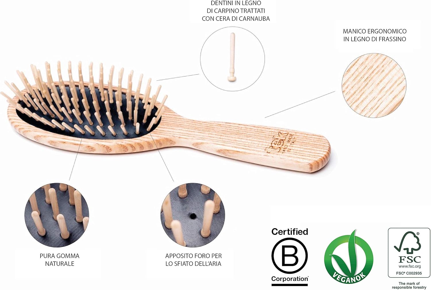 TEK - Rectangular Brush with Short Tooth in Ash Wood Handmade in Italy, for Short Hair - 22 x 4 cm, Light Brown - Image 4