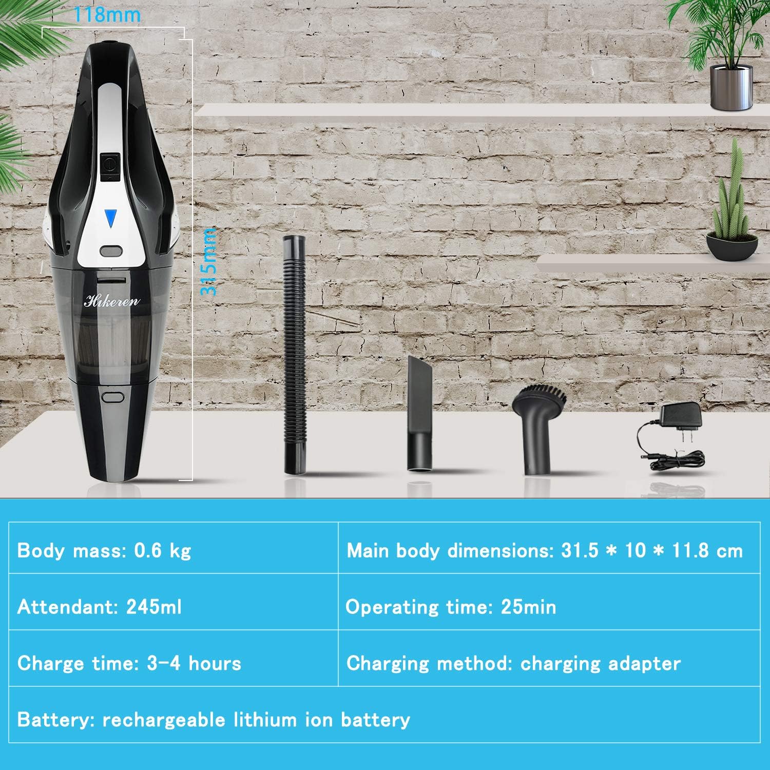 Handheld Vacuum, Hikeren 7Kpa Powerful Suction Wet & Dry Vacuum Cleaner, Handheld Vacuum Cordless with Quick Tech, Rechargeable Portable Handheld Vac with Stainless Steel HEPA Filter, Black -