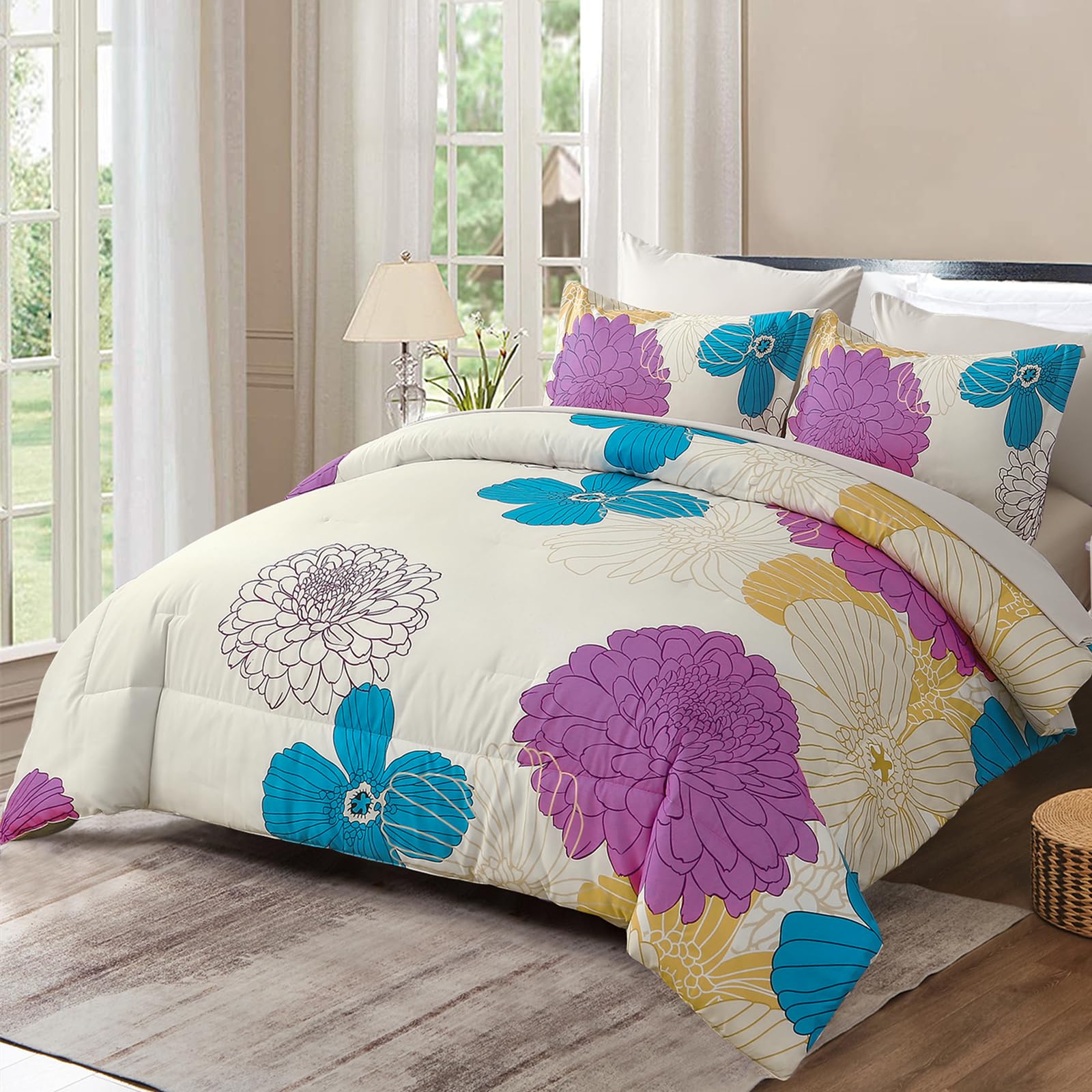 Yiran Pink Teal Beige Comforter Set Twin Size,7 Pieces Bed in a Bag Colourful Floral Comforter Boho Microfiber Lightweight Bedding Set for All Season (68''x86'') Image
