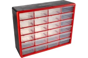24 Plastic Drawers Organizer - Compartment Storage - Desktop and Wall Mount Container for Hardware, Parts, Crafts, Beads, and Tools by Stalwart (Red)