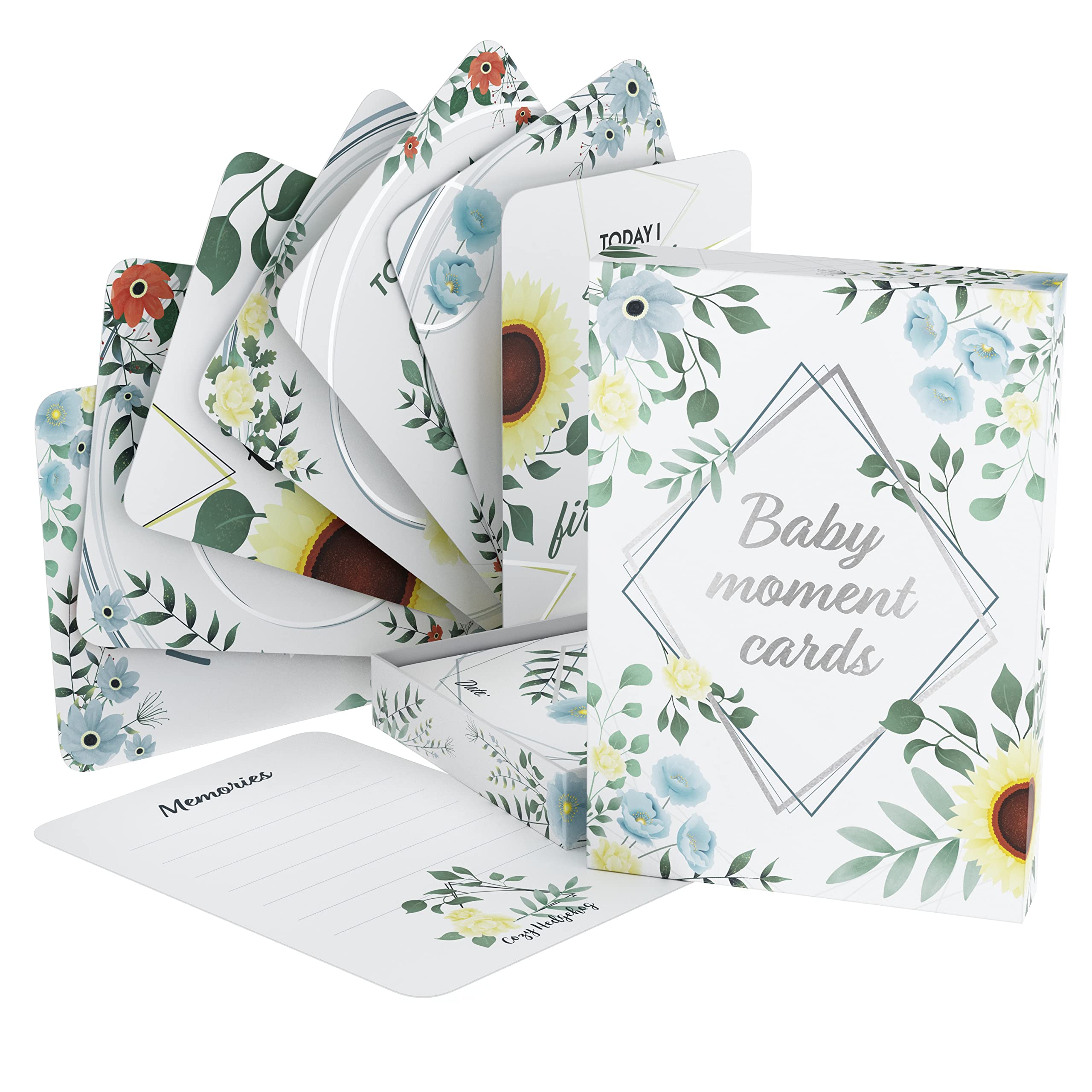 Baby Moments Cards & Milestone Baby Keepsake Gift Box, 50 x Unisex Photo Memory Age Album Set, for Pregnancy, Parents & Christening - Cozy Hedgehog