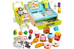 VROGTIK Wooden Cash Register for Kids with Shopping Cart Rechargeable Kid Cash Register with Scanner Gift for Kid Age 3 4 5 6 7 8 9 Year Old Pretend Play for Toddlers Toys for 3-12 Year Old Kids