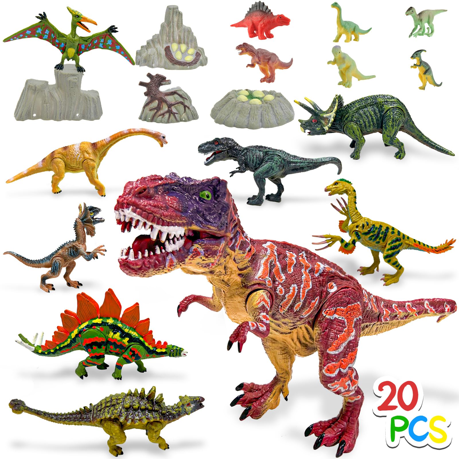 GizmoVine 20pcs Dinosaur Figures Toy Set, Dinosaurs Toys for Boys Age 2 3 4 5 6 7 Year Old, Hand-painted Realistic Dino Kits Incl. Large Trex Big Velociraptor, Movable Joints, Party Birthday Gifts