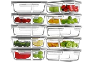 HOMBERKING 10 Pack Glass Meal Prep Containers 2 Compartment, Glass Food Storage Containers with Lids, Airtight Glass Lunch Bento Boxes, BPA-Free & Leak Proof (10 lids & 10 Containers) - Grey