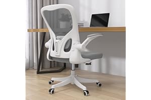 Monhey Office Chair - Ergonomic Office Chair with Lumbar Support & Flip Up Arms Home Office Desk Chairs Rockable Swivel High Back Computer Chair White Frame Grey Mesh Study Chair