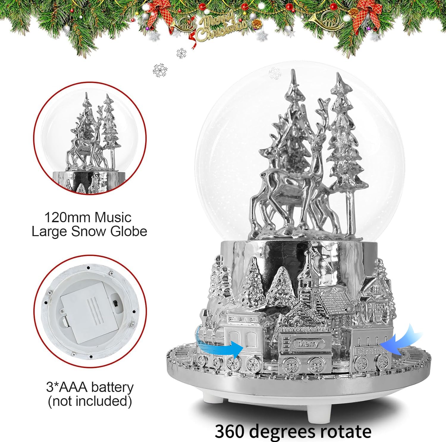 Hpoeude Musical LED Light Up Snow Globe with Rotating Train, Winter White Deer Christmas Decor, 7 Inch Height Cool Water Globe, Valentine's Day Gift for Women Adults