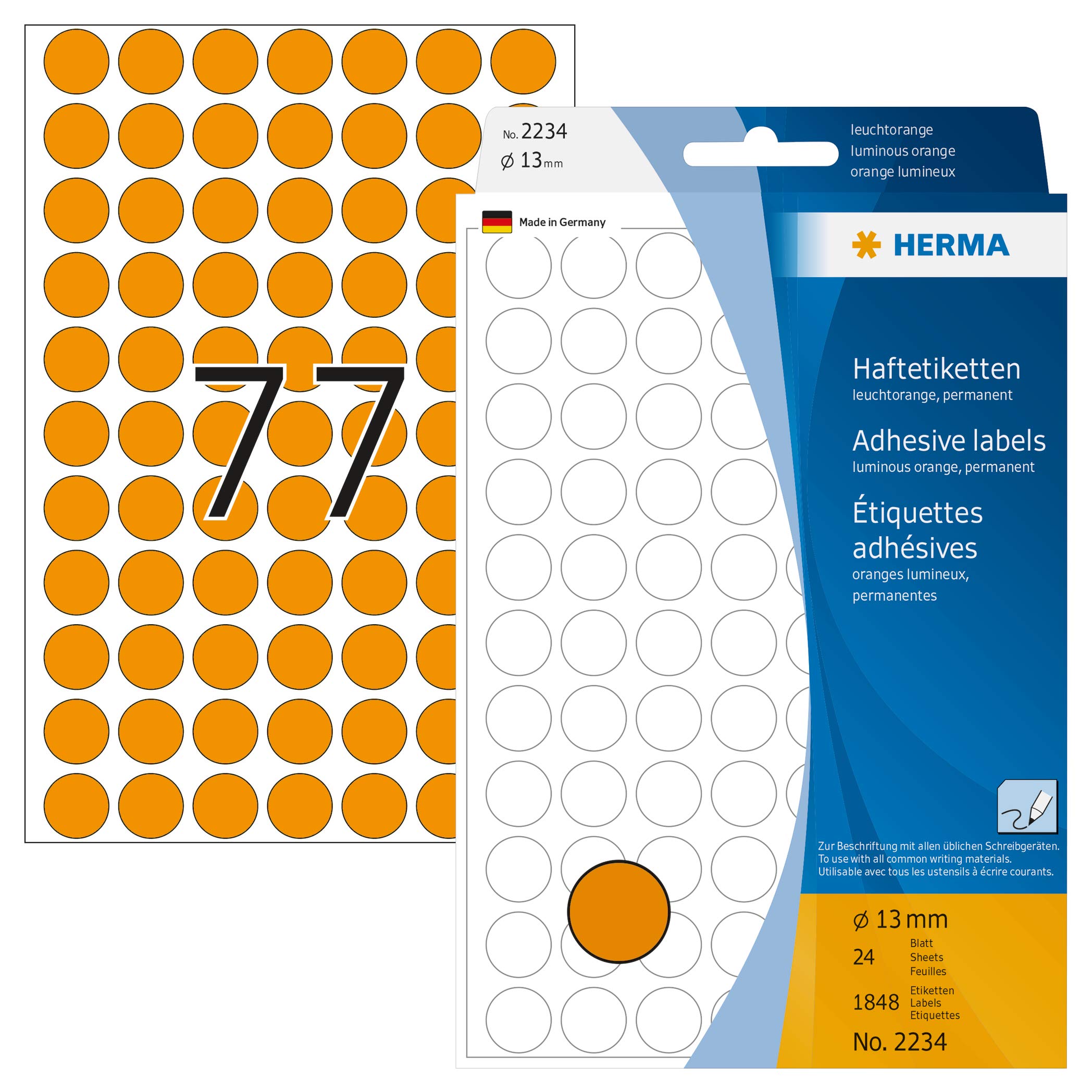 HERMA Luminous Orange Dot Stickers, 1848 Self-Adhesive Round Labels, Ø 13 mm, 77 per Sheet, Blank Marking Dots for Color Coding Calendar