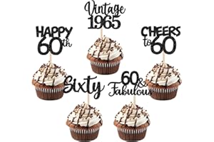 ZHUOWEISM 30PCS Happy 60th Birthday Cupcake Toppers Glitter Sixty Vintage 1965 Cupcake Picks Cheers to 60 Fabulous Cake Decorations for 60th Birthday Wedding Anniversary Party Supplies Black