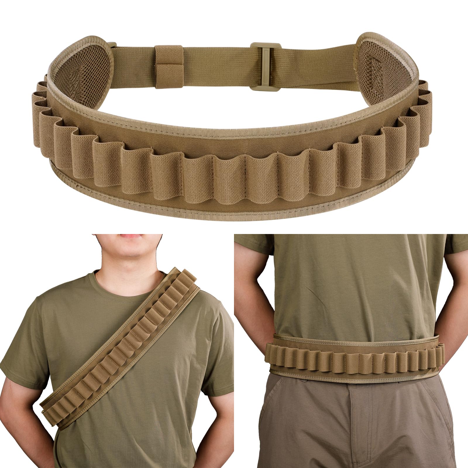 EXCELLENT ELITE SPANKER Shotgun Shell Belt, 24 Rounds Shotgun Cartridge Pouch Bullet Belt Shotgun,Nylon Ammo Carrier Ammo Holder for Tactical Hunting（Coyote Brown）