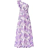 BTFBM Women Summer One Shoulder Floral Wedding Guest Dresses Sleeveless Smocked Ruffle Flowy Beach Vacation Maxi Dress