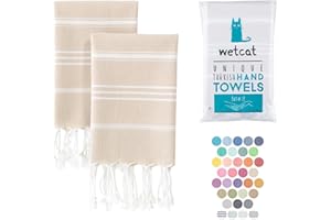 WETCAT Turkish Hand Towels with Hanging Loop (20 x 30) - Set of 2, 100% Cotton, Soft - Pre Washed Boho Farmhouse Kitchen Towels - Unique Decorative Hand Towels for Bathroom (Beige)