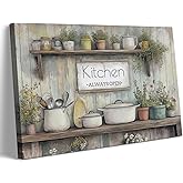 QQL Rustic Kitchen Canvas Wall Art Farmhouse Pots Pans Kitchen Always Open Wall Decor Picture Country Still Life Floral Painting for Dining Room Home Decoration Ready to Hang