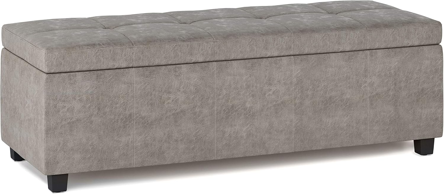 SIMPLIHOME Castleford 48 inch Wide Transitional Rectangle Lift Top Storage Ottoman in Upholstered Distressed Grey Tufted Tufted Faux Air Leather with Large Storage Space for Living Room, Entryway
