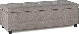 SIMPLIHOME Castleford 48 inch Wide Transitional Rectangle Lift Top Storage Ottoman in Upholstered Distressed Grey Tufted Tufted Faux Air Leather with Large Storage Space for Living Room, Entryway