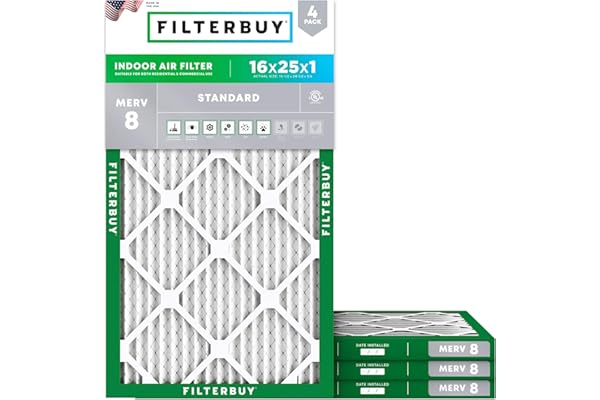 Filterbuy 16x25x1 Air Filter MERV 8 Essential Dust & Allergy Defense (4-Pack), Electrostatic Pleated HVAC AC Furnace Filters Replacement (Actual Size: 15.50 x 24.50 x 0.75)