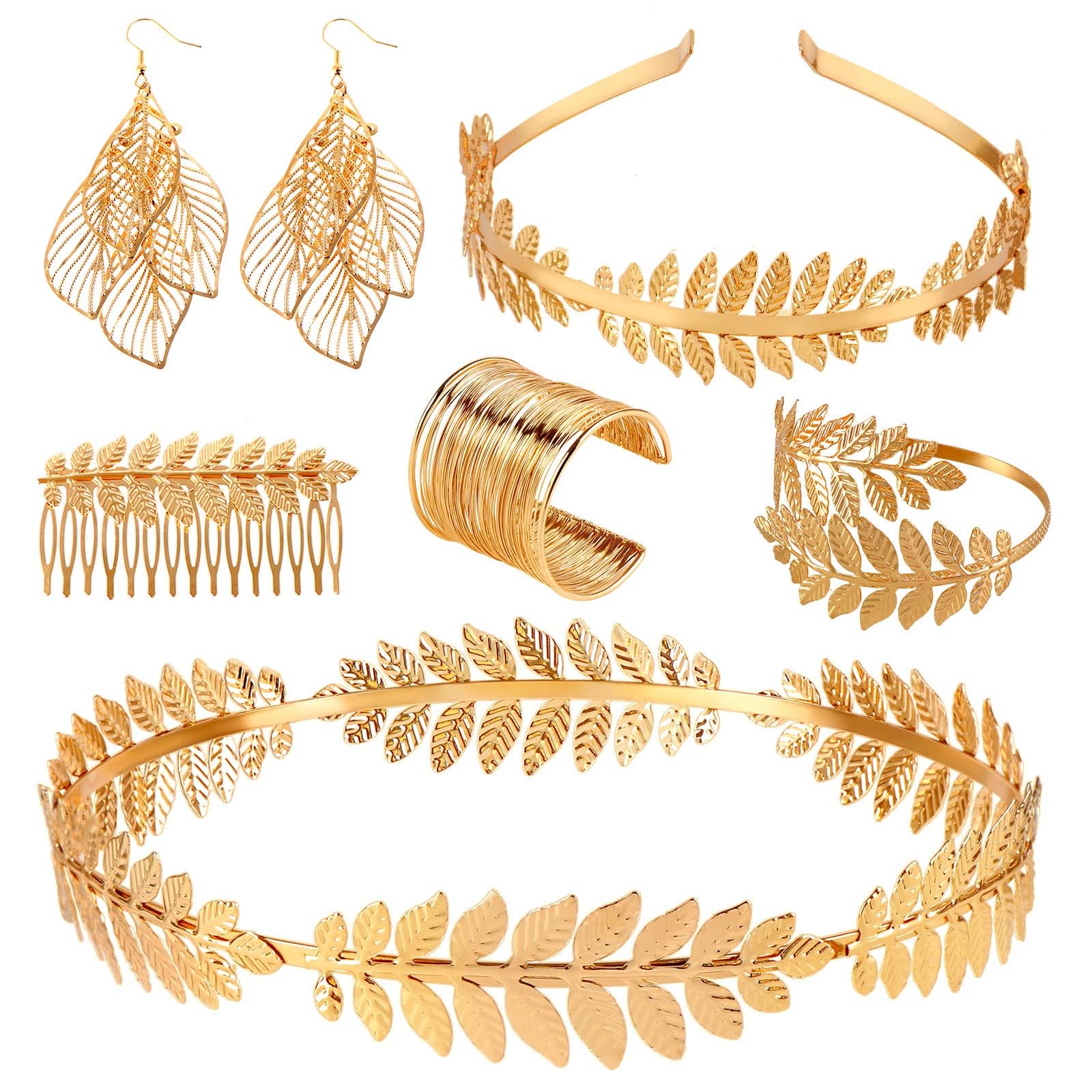 ZTING 6 Pieces Goddess Costume Accessories Set Goddess Headband Gold Leaf Bangle Bracelet Gold Earring Armband Greek Roman Laurel Leaf Branch Hair Clips Romantic Grecian Costume Accessories