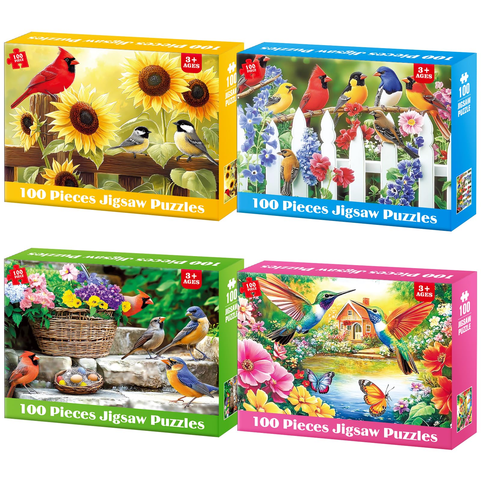Photo 1 of Bractowa 4-Pack 100 Piece Puzzles for Kids Ages 6-8 8-10 Year Old, Birds Puzzles, Large Piece Puzzle for Seniors 100 Pieces Adults Jigsaw Puzzle, Learning Educational Toys for Boys and Girls