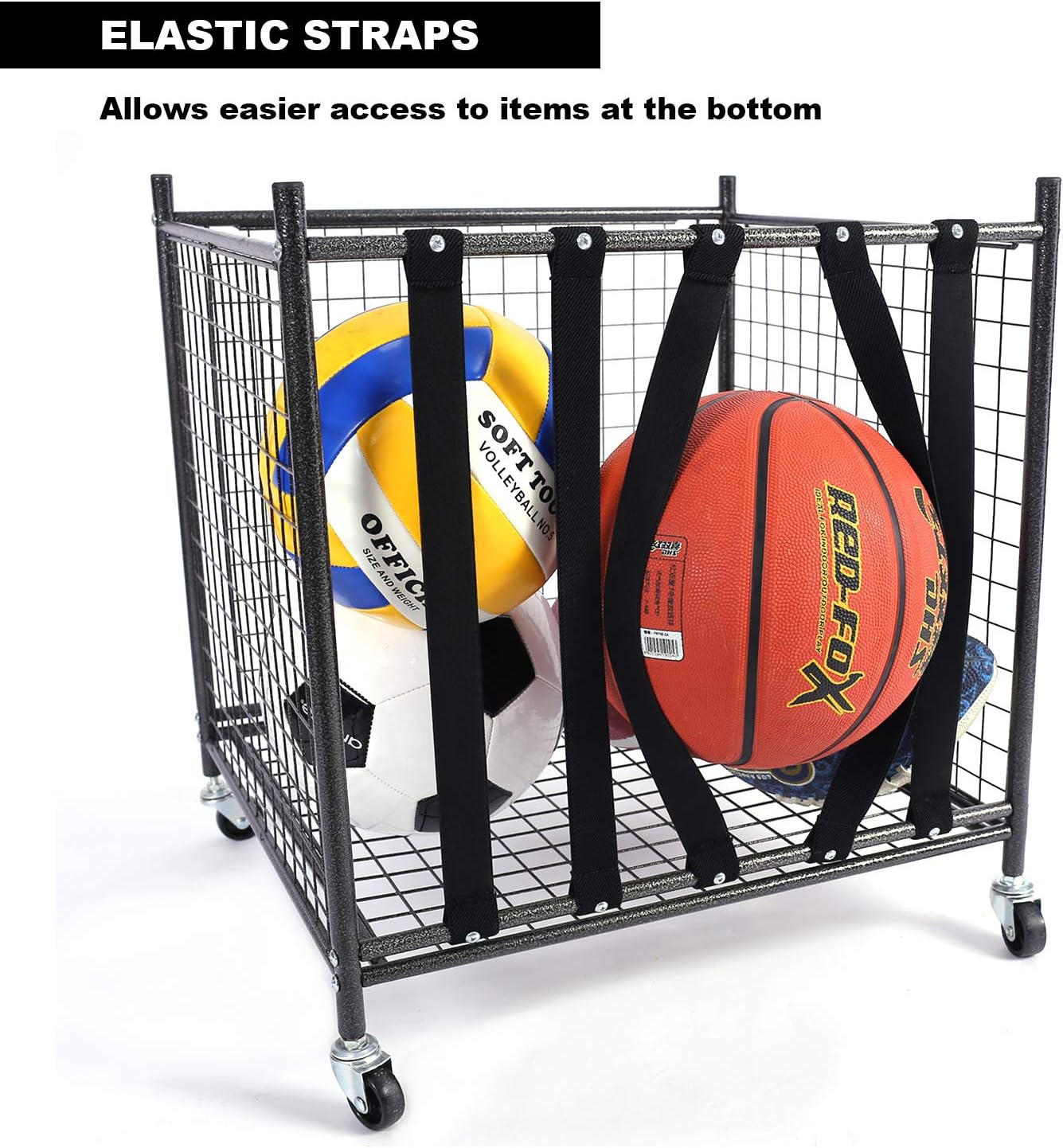 Mythinglogic Rolling Sports Ball Storage Cart, Sports Lockable Ball Storage Locker with Elastic Straps, Stackable Ball Cage for Garage Storage Garage Organizer, 6 Ball Capacity Full Size, Black,Steel: Sports & Outdoors