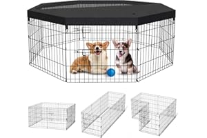 PEEKABOO Dog Pen Pet Playpen Dog Fence Indoor Foldable Metal Wire Exercise Puppy Play Yard Pet Enclosure Indoor Outdoor 8 Panels 24 Inch with Bottom Pad/Top Cover (Black with top Cover)