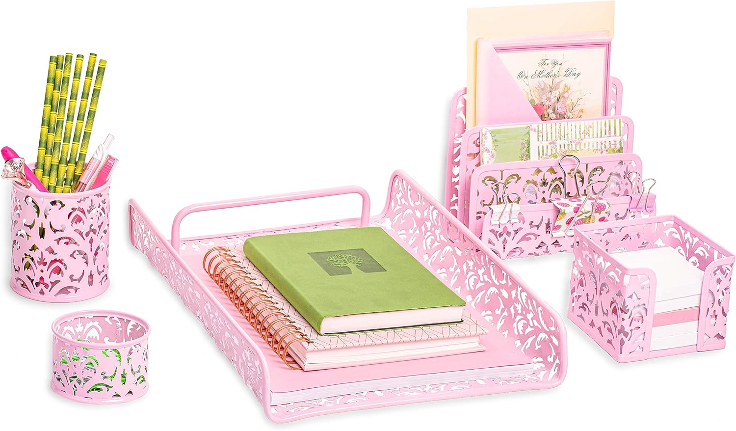 Pink 5Piece Metal Desk Accessories, Desk Organizer & Desk Decor Set