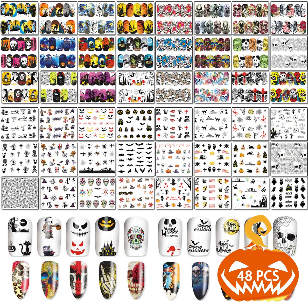 TailaiMei 48 Sheets Halloween Nail Art Stickers - Water Transfer DIY Nail Decals Stencil for Halloween Party