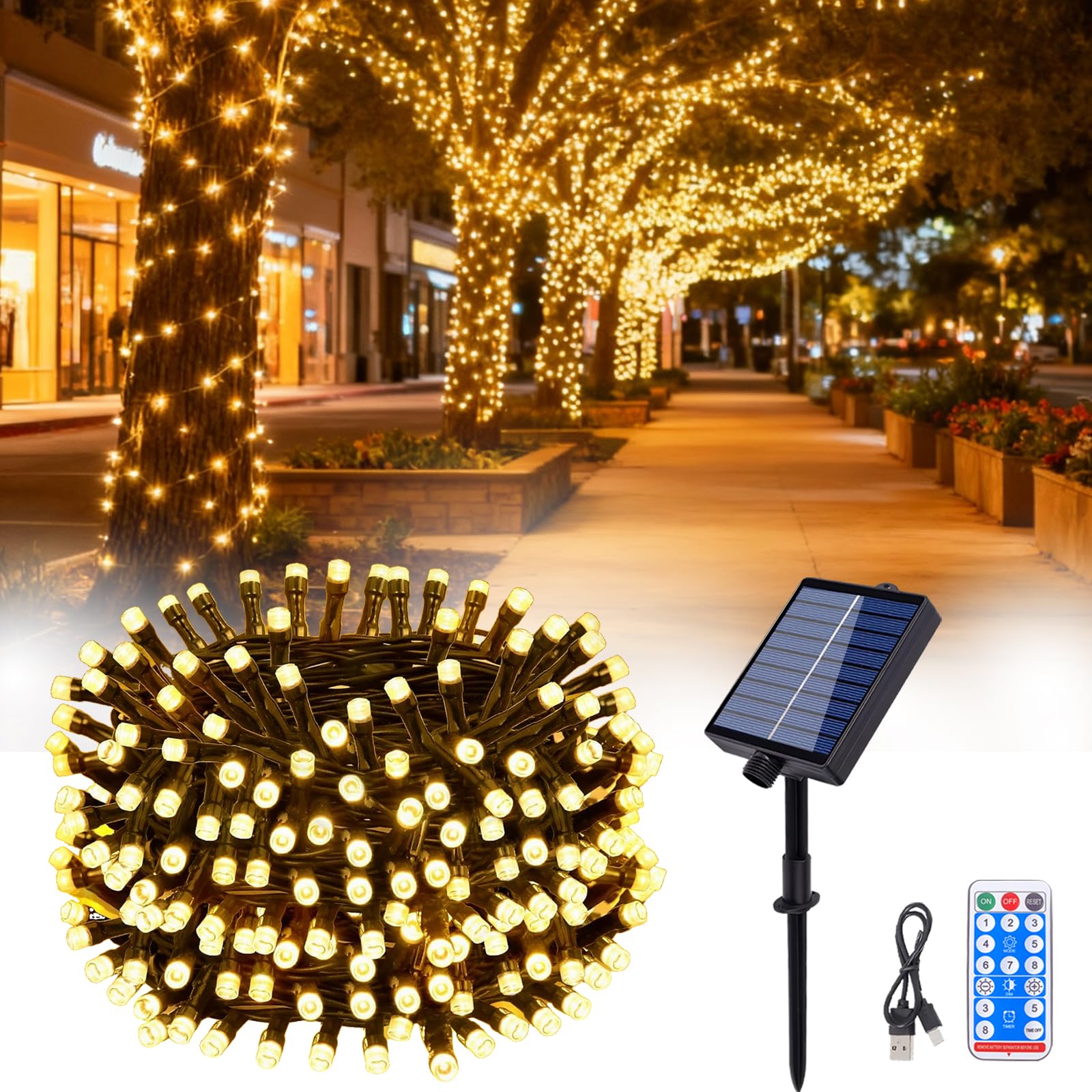 Hopelit Solar Fairy Lights Outdoor 30 m 300 LED Warm White with Remote Control and Timer, 8 Modes, Fairy Lights Outdoor Solar for Garden, Patios, Halloween and Christmas, Party Decoration, etc