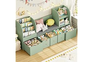 FOTOSOK 71” Kids Bookshelf with Reading Nook, Toy Storage Organizer with Seat Cushion and 2 Movable Drawers & 3 Toy Chests, K