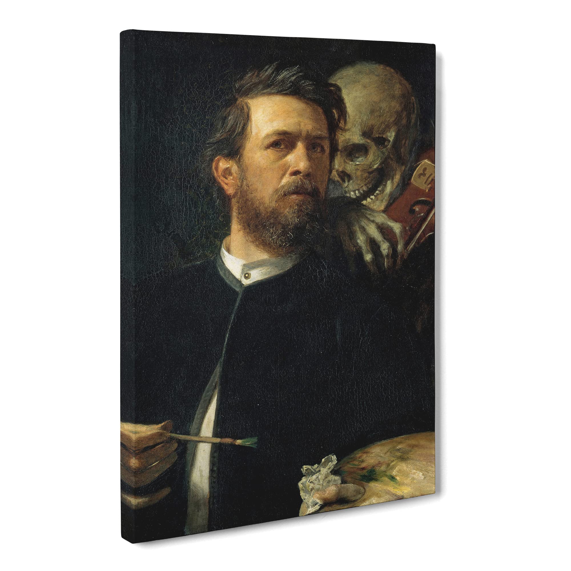 Arnold Bocklin Self Portrait, Death Playing The Fiddle Canvas Print | Gallery Wrapped 30mm Frame Wall Art | 20x14 inches | Ready to Hang | Classic People Picture | Living Room Bedroom Lounge Office