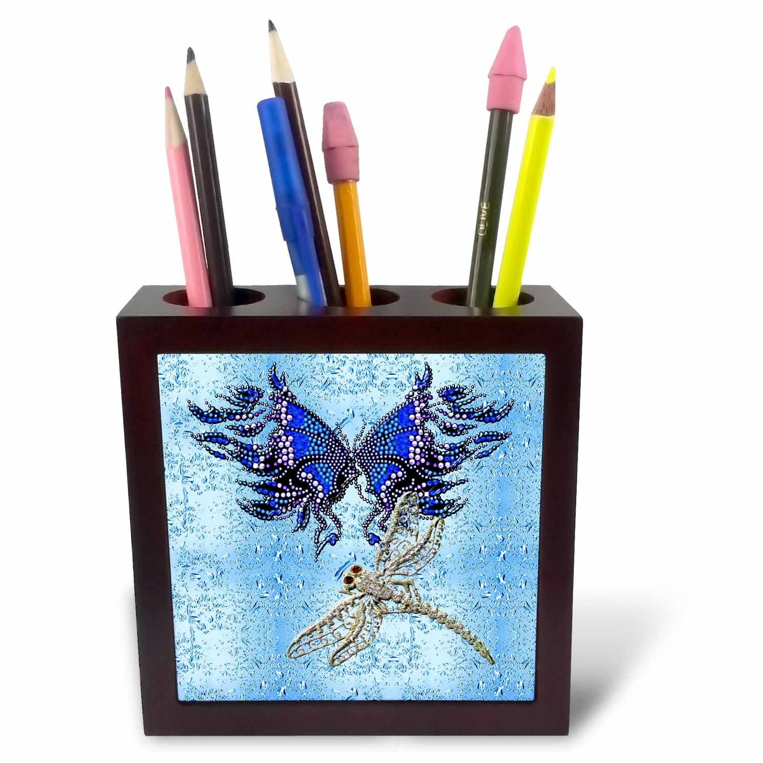 3dRose Beaded Look Butterfly and Jeweled Dragon Fly Art-Tile Pen Holder, 5-Inch (Ph_55916_1), 5 Inches