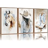YeeHomedec Large Western Cowgirl Posters Framed Canvas Wall Art Set, Blue and White Horse Wall Decor, Glam Rodeo Boots Art Print, Vintage Country Hat Artwork for Living Room Bedroom Dorm 16"x24"x3