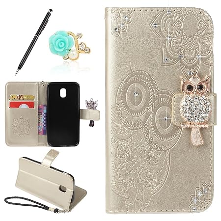 Uposao Leder Handytasche Samsung Galaxy J3 2017 J330 Handyhülle Glitzer Strass Eule