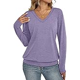 EasyGala Womens V Neck Long Sleeve Shirts Banded Bottom Cute Loose Fit Tops Dressy Casual Outfits for Fall Spring